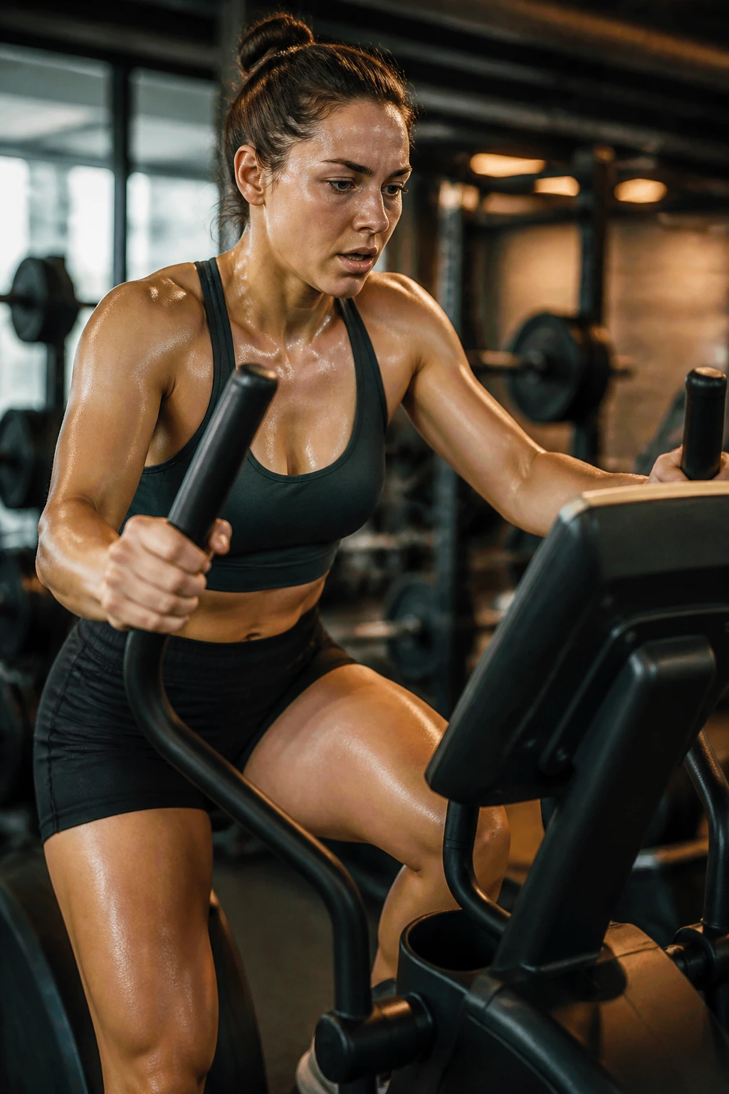 Woman on cross trainer finishing strength routine with focused expression