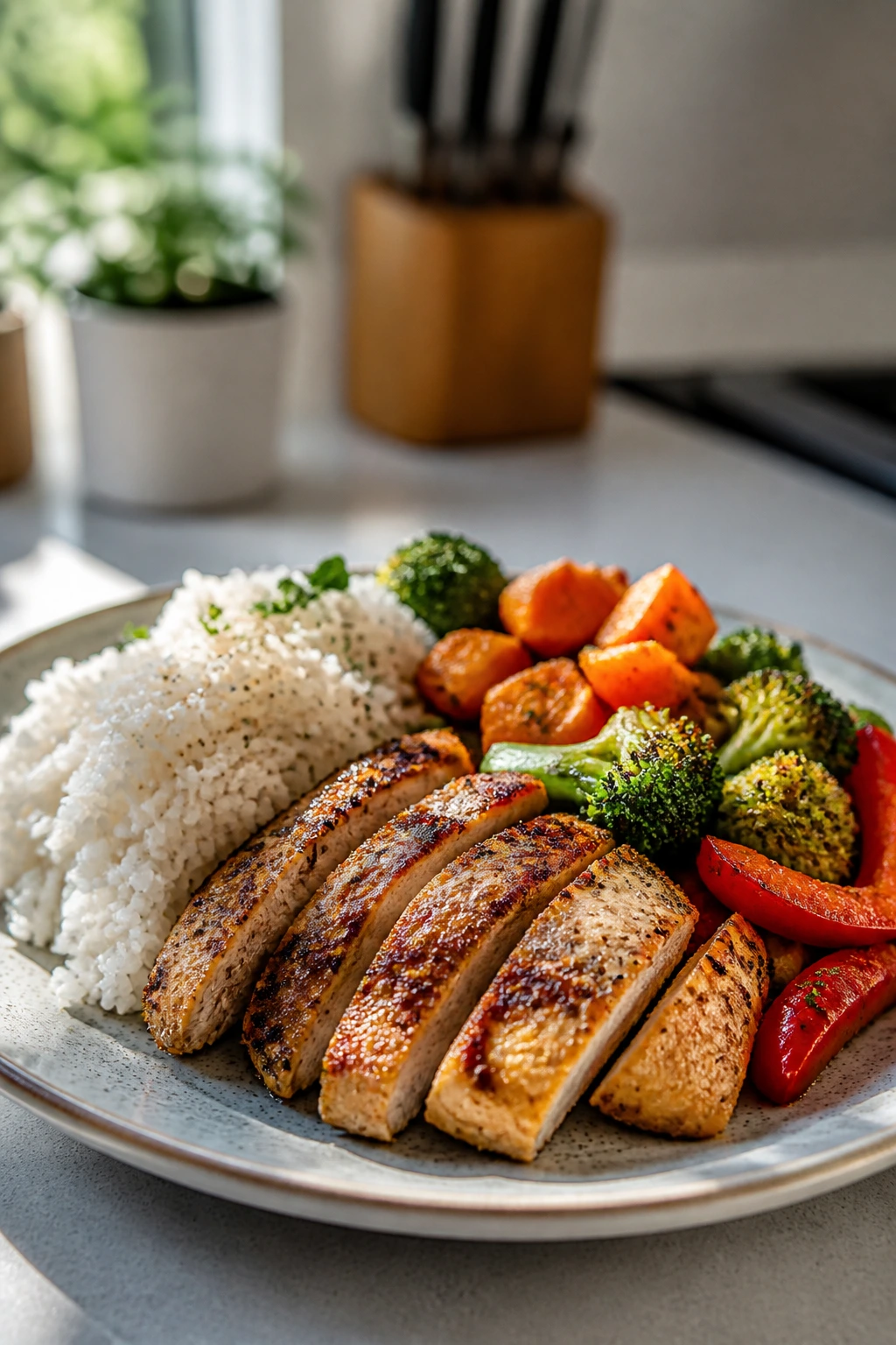 Post-workout meal plate fueling hard training on kitchen counter
