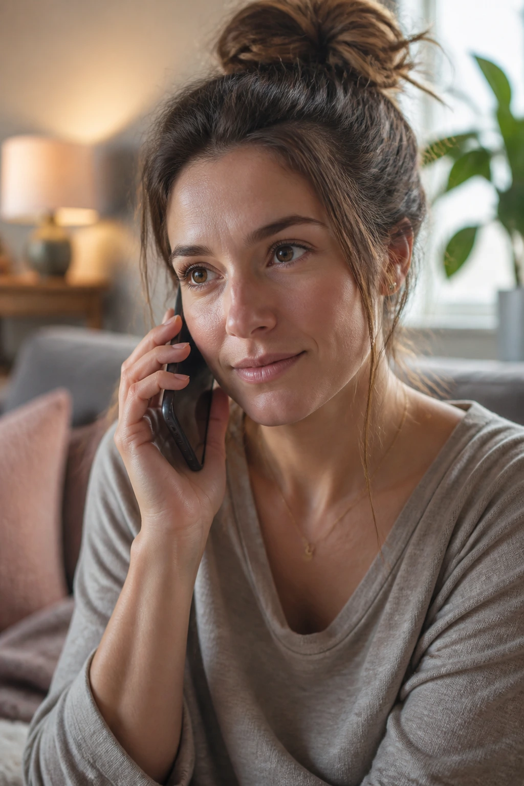 Woman on phone planning postpartum mental health check-ins