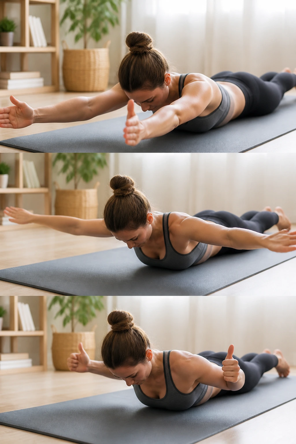Woman performing prone Y-T-W shoulder exercises on a mat.