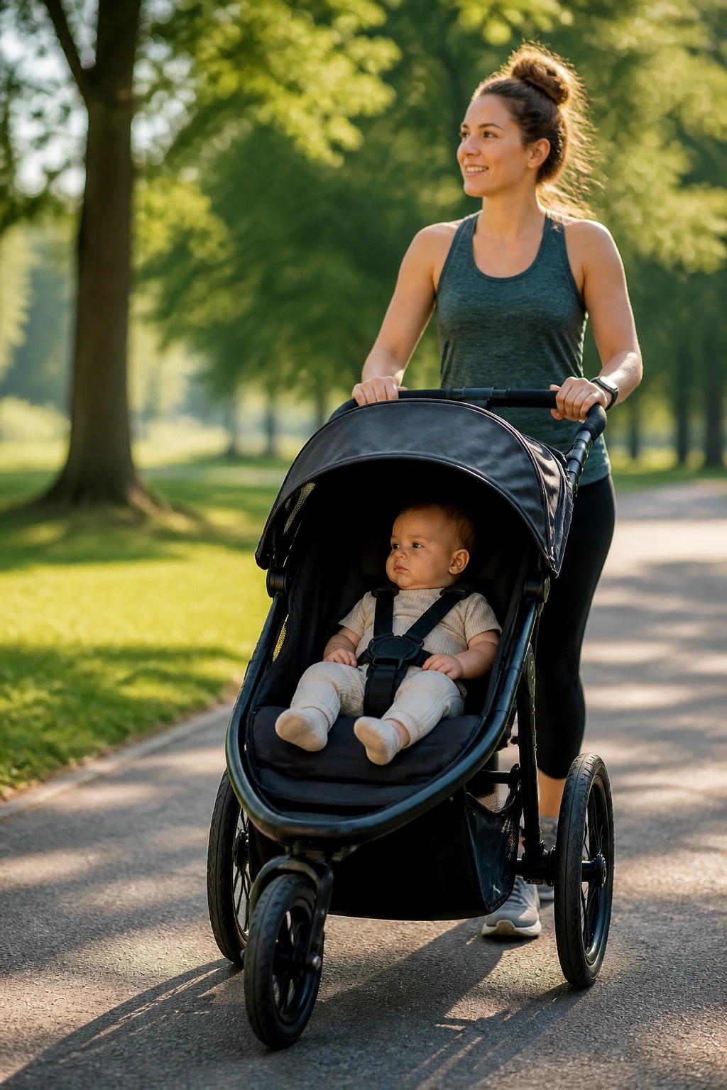 Mom pushing stroller during interval walk in a park.