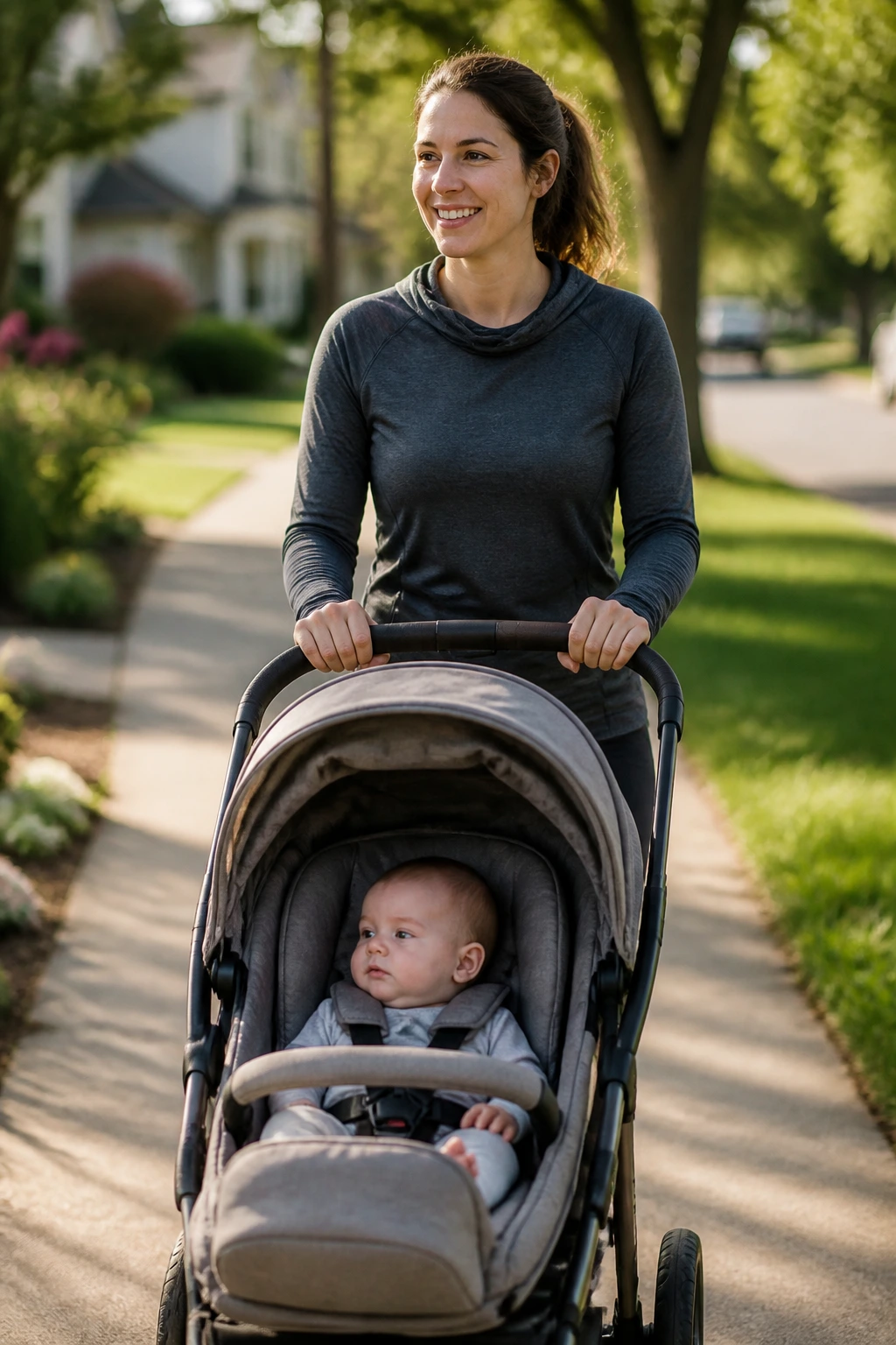 Postpartum mom walking outdoors with stroller on sidewalk.