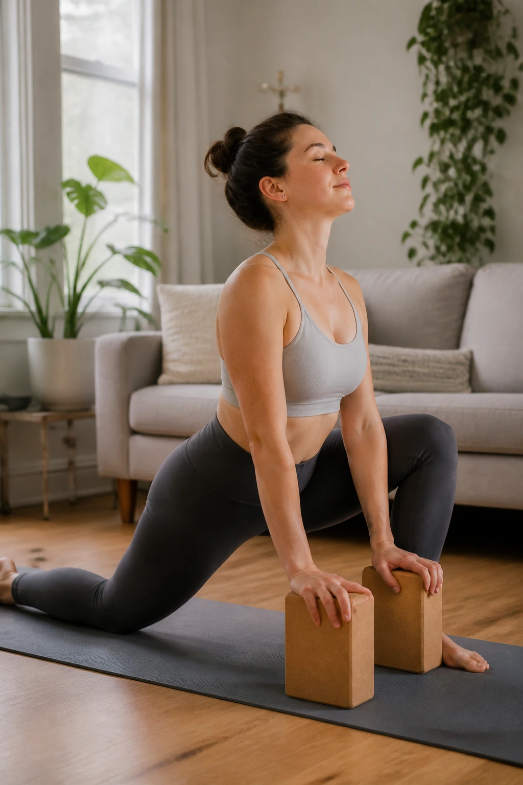 Real woman practicing gentle yoga in living room, low lunge with blocks.
