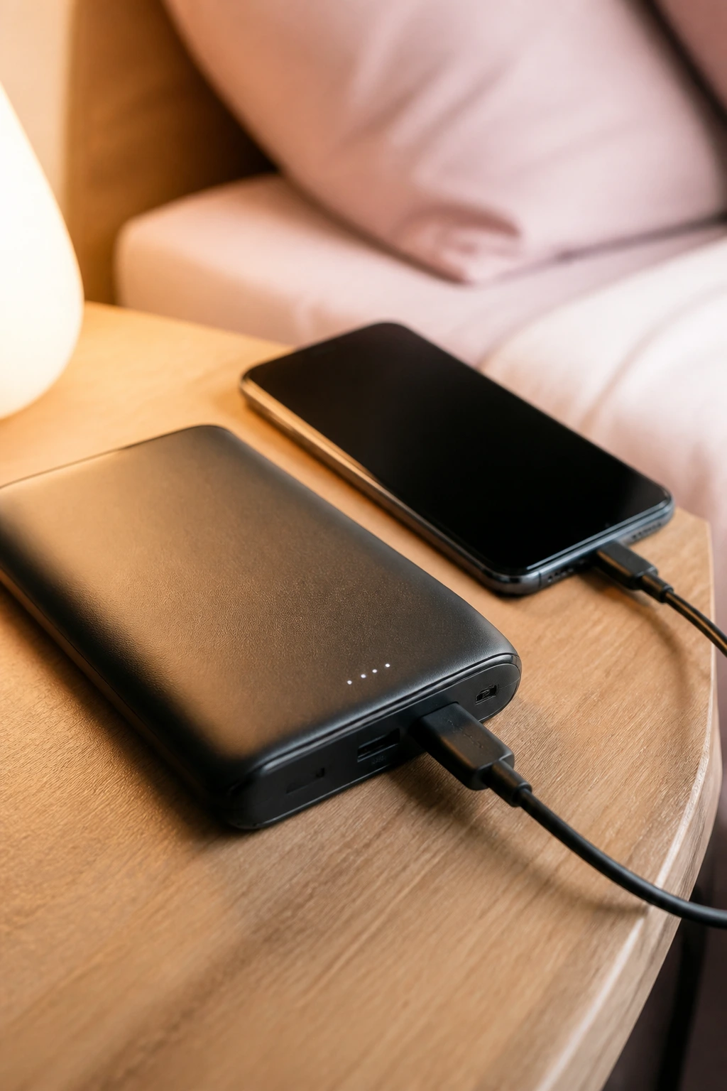 Close-up of portable battery pack charging a smartphone on a bedside table.