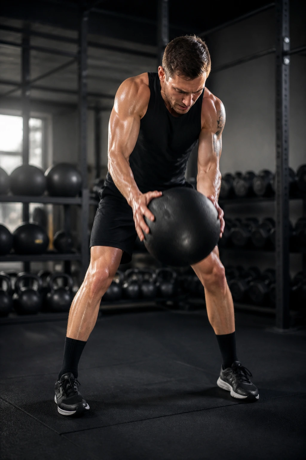Athlete mid medicine ball slam in gym for power