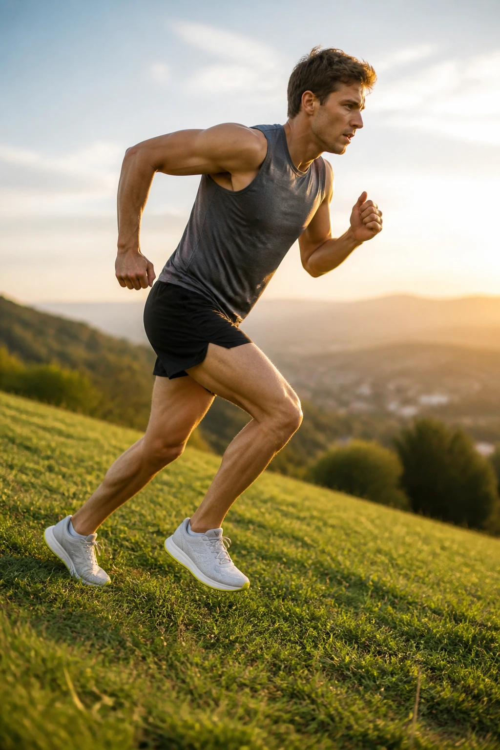 Athlete showing a hard 20-second power effort uphill with intense focus