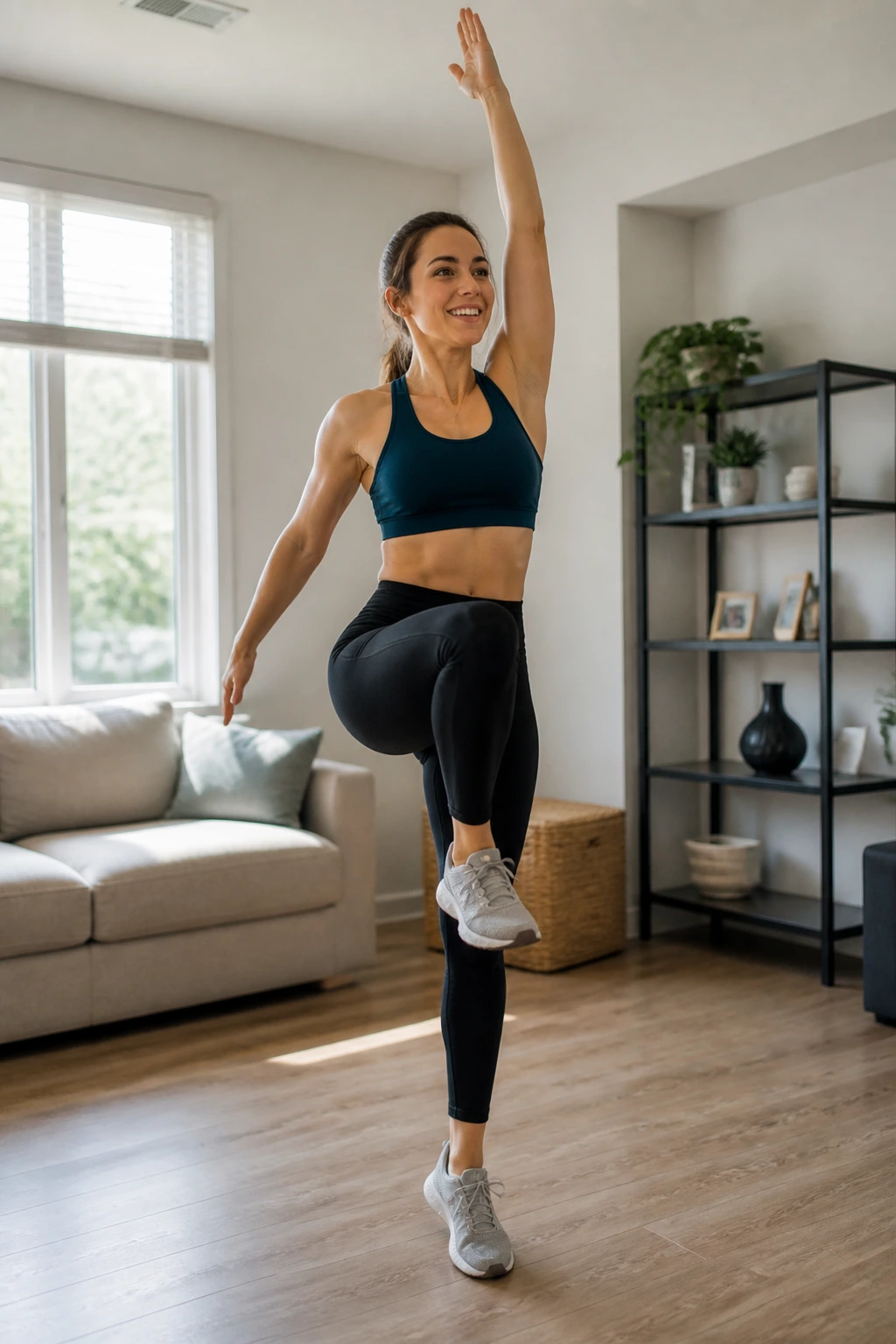 Real person performing power march with overhead sweep indoors