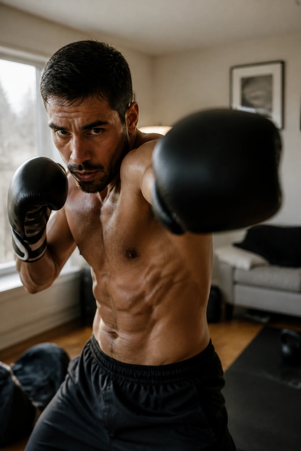Boxer delivering a heavy power punch in a home gym