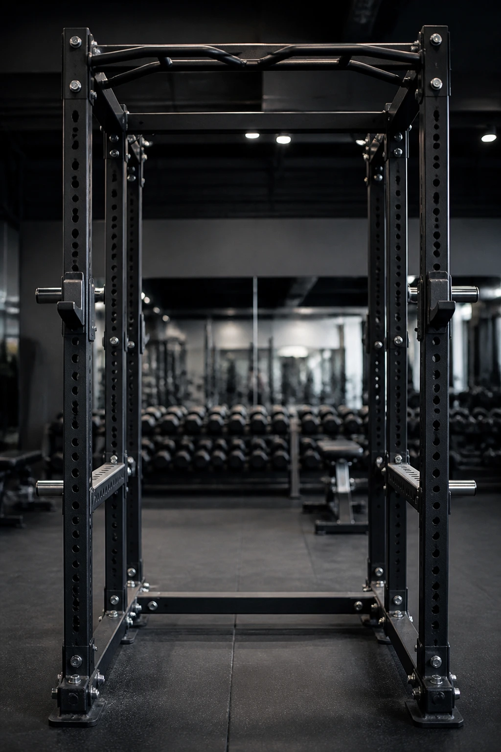 Front view close-up of a power rack with safety pins in a gym.