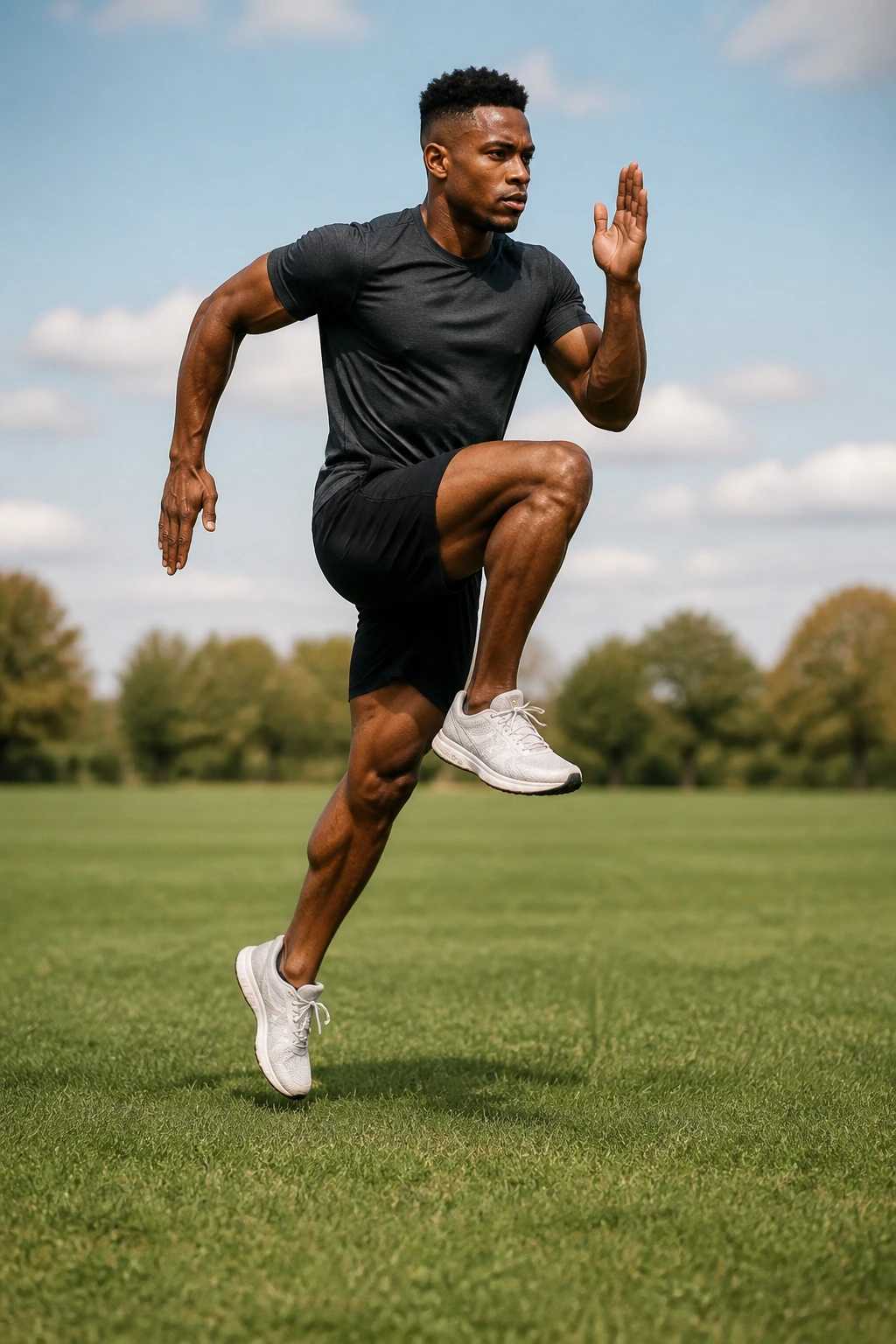 Athlete performing power skip on a field
