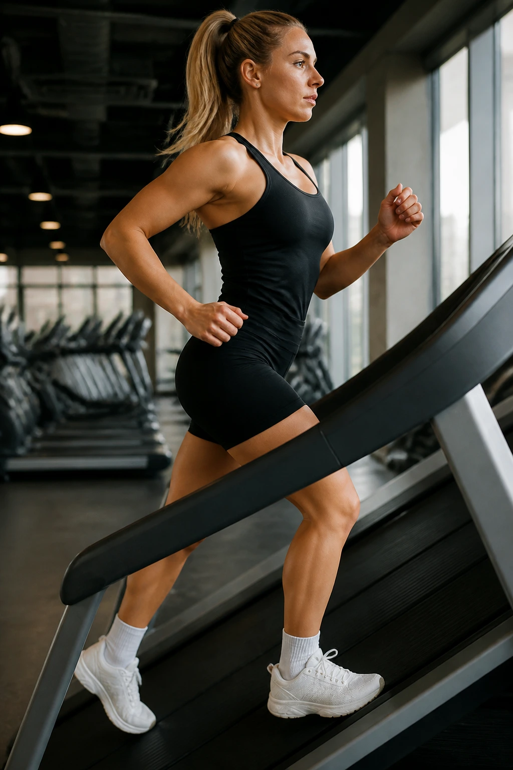 Person performing power walk on inclined treadmill with intensity