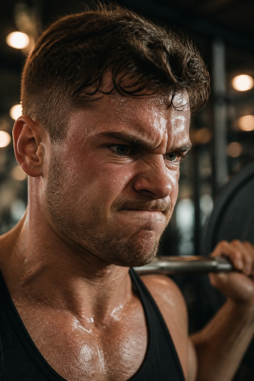 Close-up of a determined lifter's face during a heavy lift in a gym