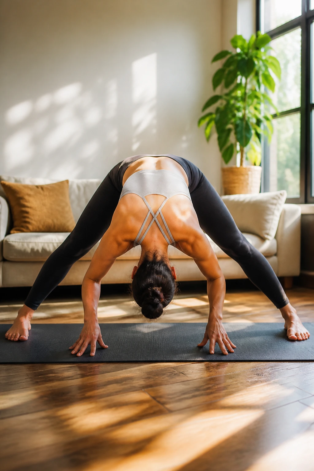 Person in Prasarita Padottanasana wide-legged forward fold
