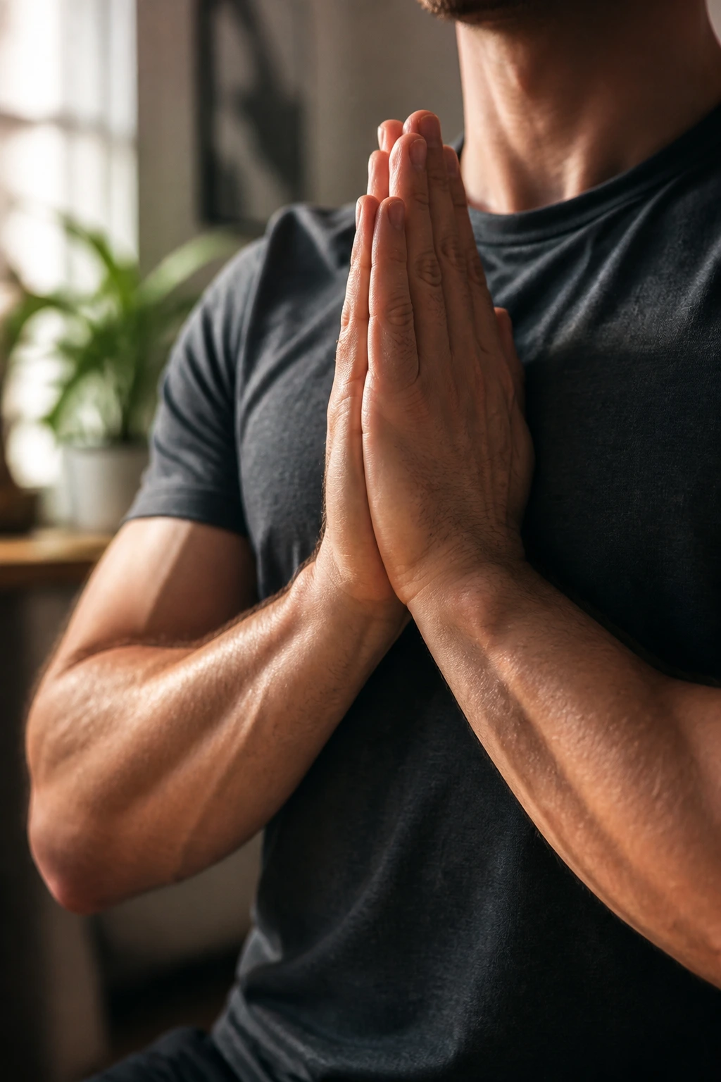 Close-up of hands in prayer stretch with forearms visible