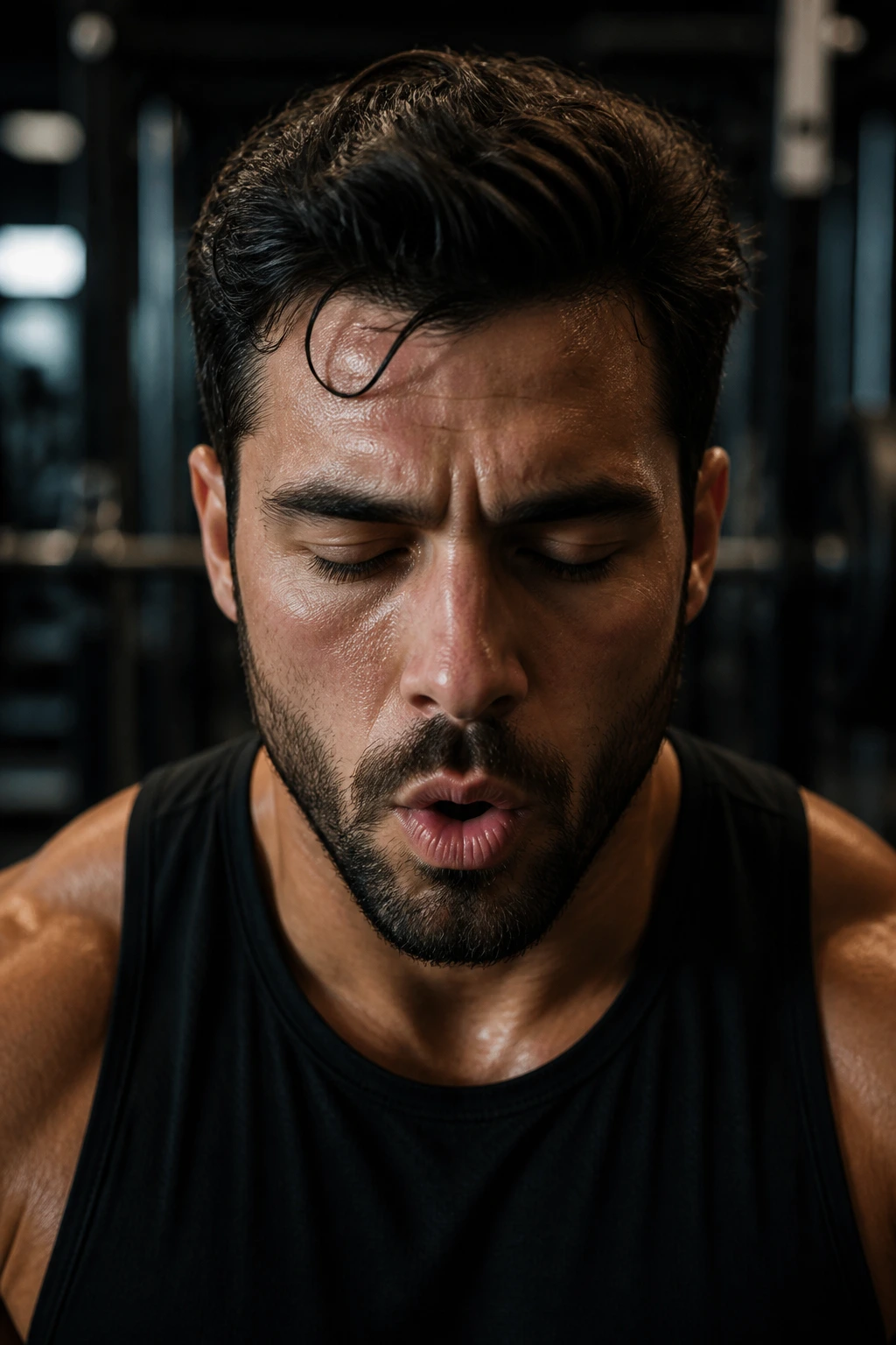 Athlete's face during rapid nasal inhales before a max lift.