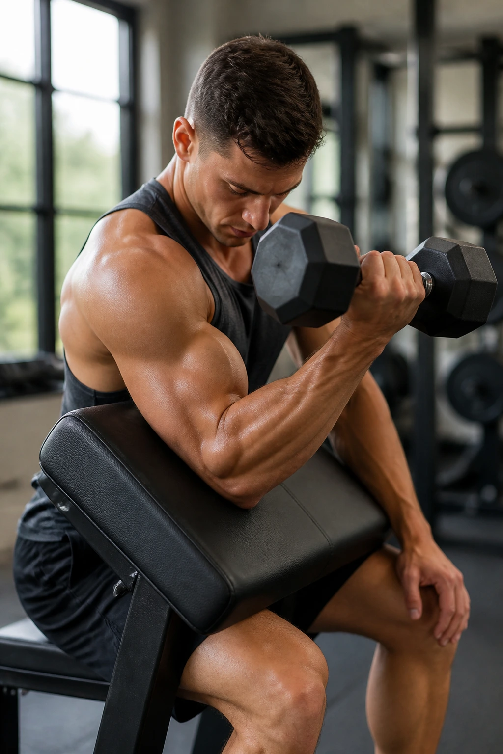 Close-up of a real person performing a preacher curl on a preacher bench, isolating the bicep.