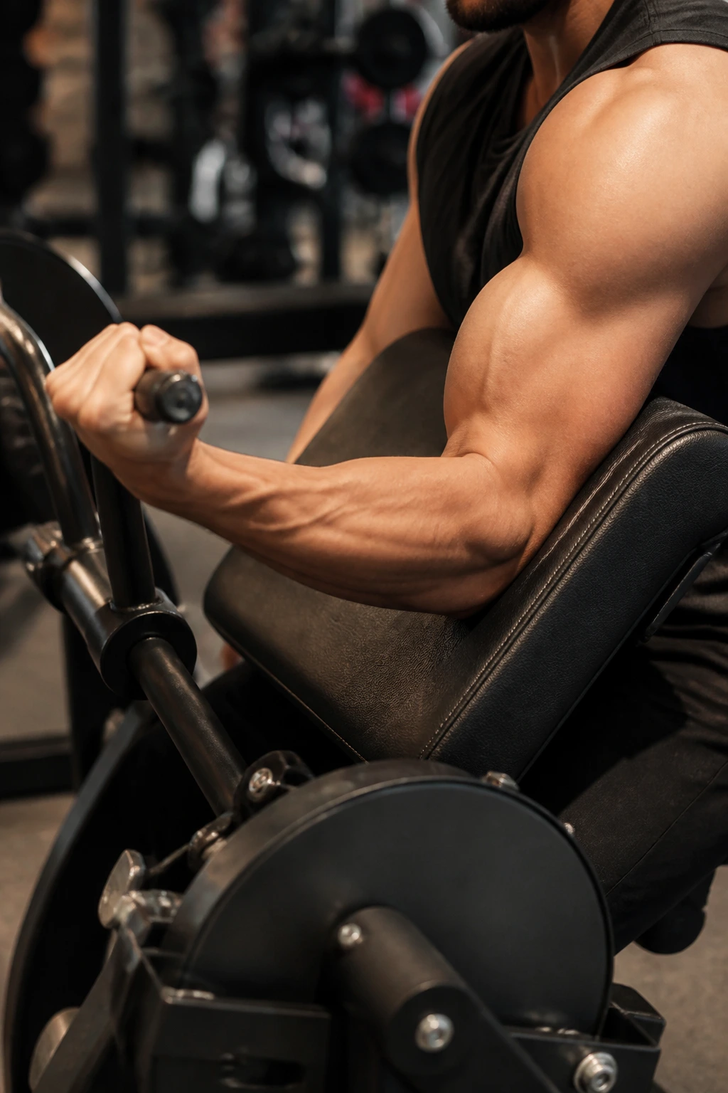 Arm on preacher curl machine pad performing curl, machine dominating frame