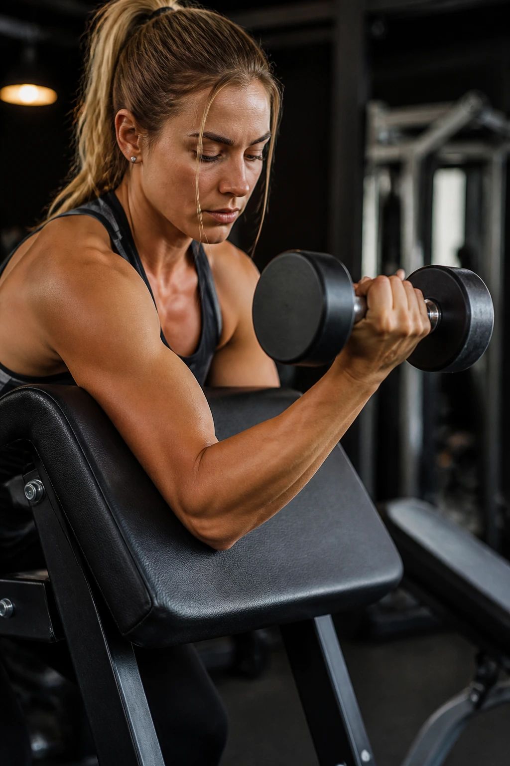 Close-up of a real person doing a preacher curl on a preacher bench
