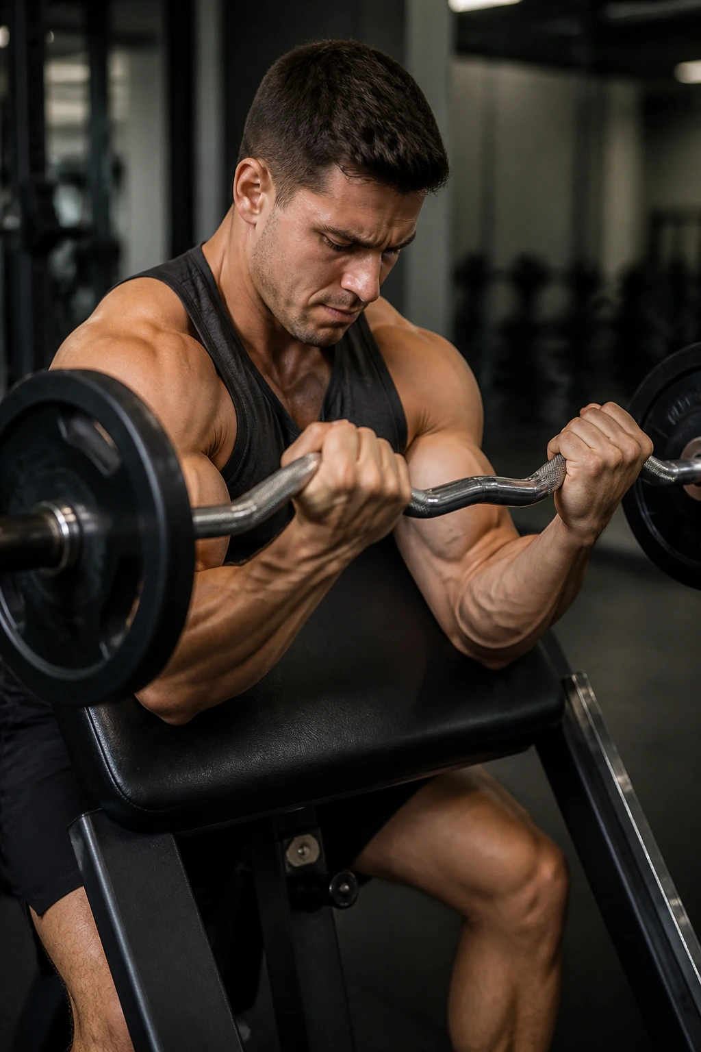 Bicep contraction during preacher curls on preacher bench