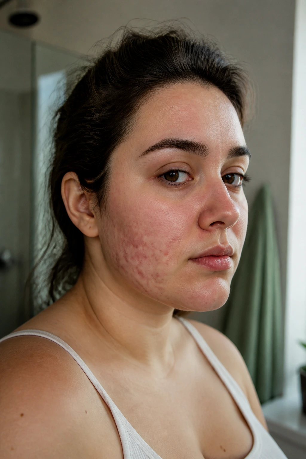 Close-up of a pregnant person with facial acne and subtle hair changes