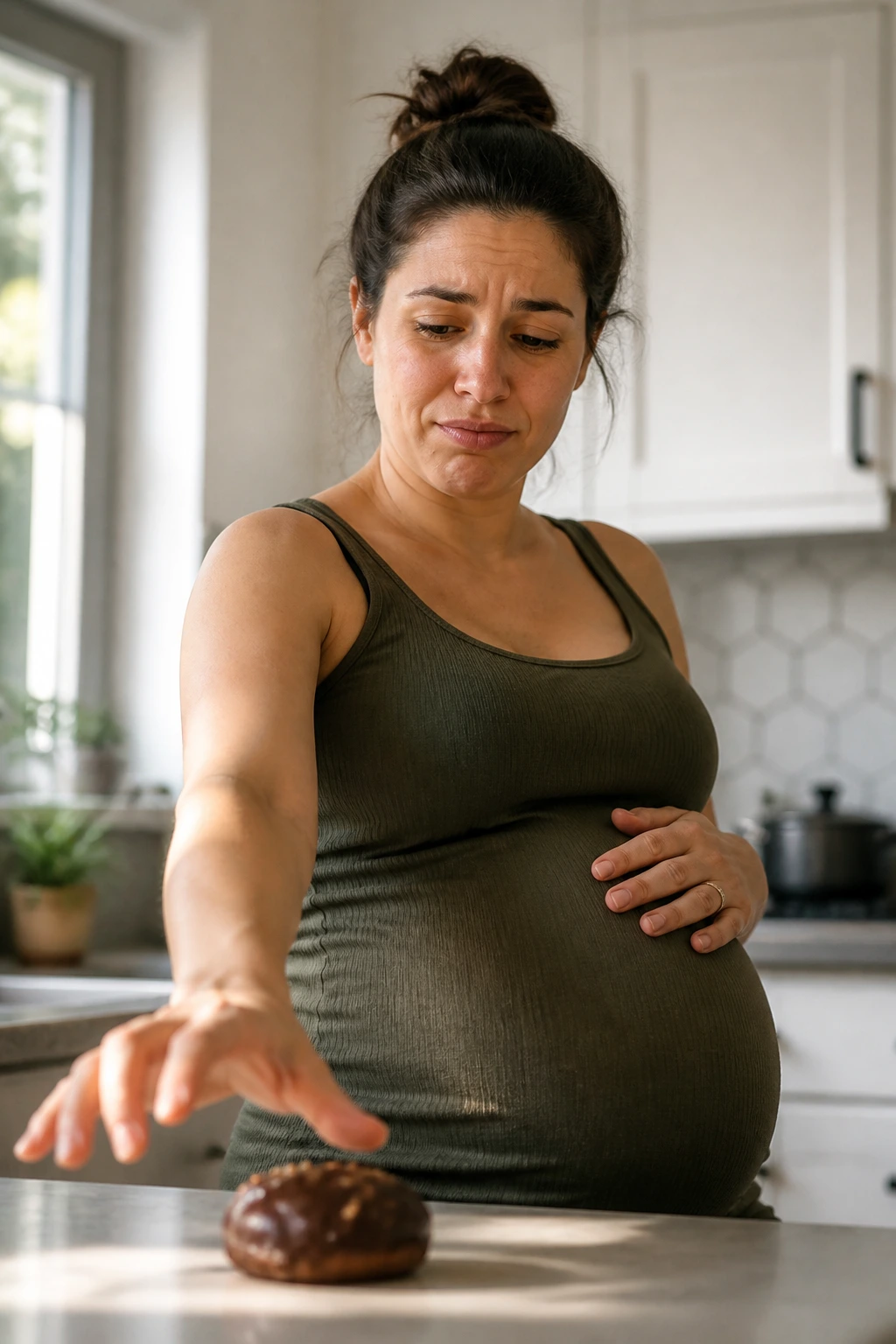 Pregnant person showing cravings and aversions at a kitchen counter