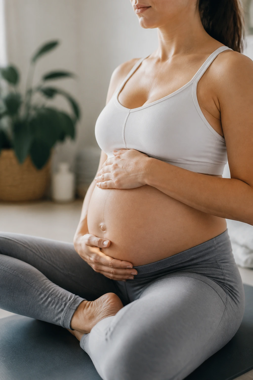 Pregnant woman practicing diaphragmatic breathing on a mat