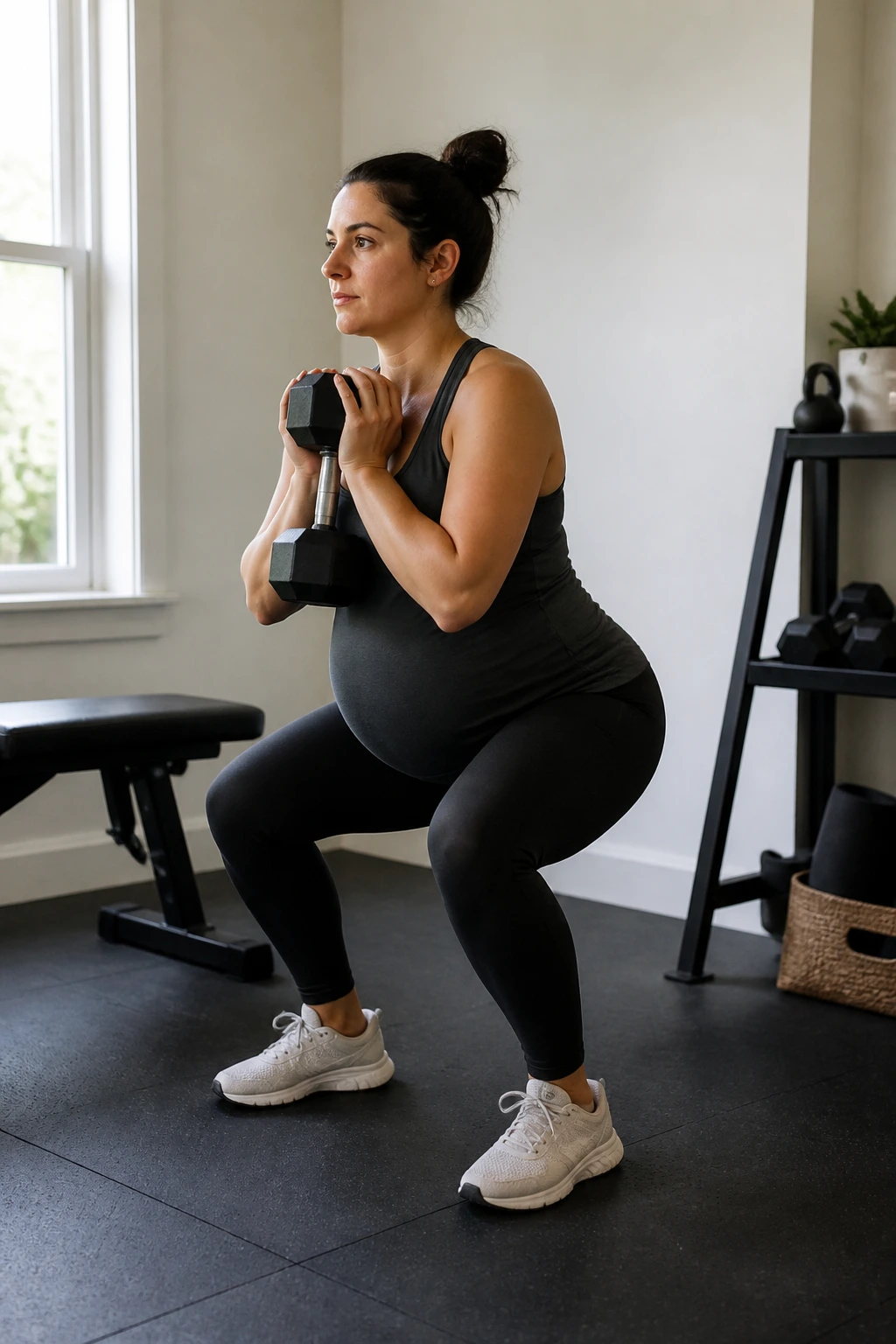 Pregnant woman performing dumbbell squats in home gym