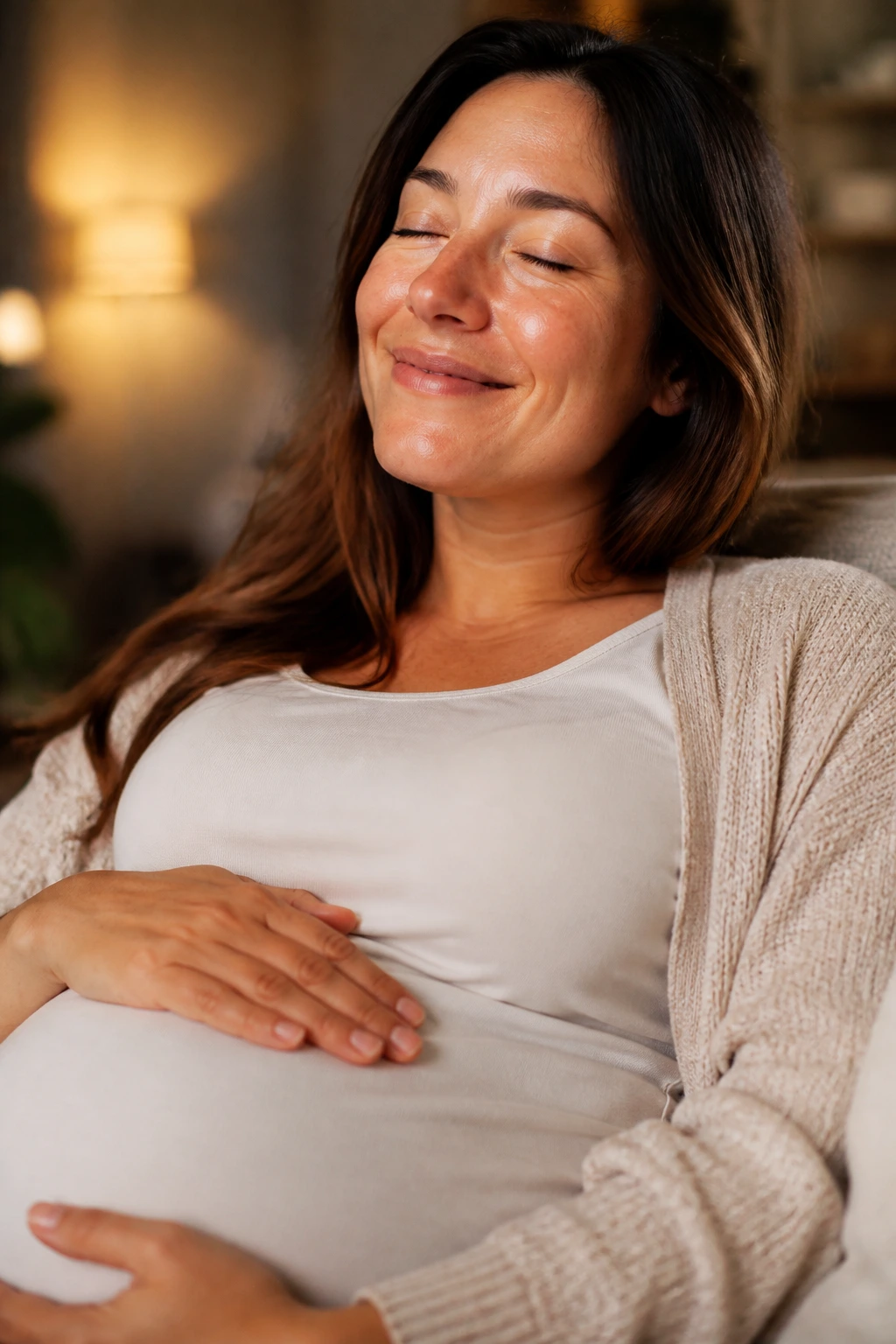 Close-up of a pregnant person displaying relief from pain in a cozy room