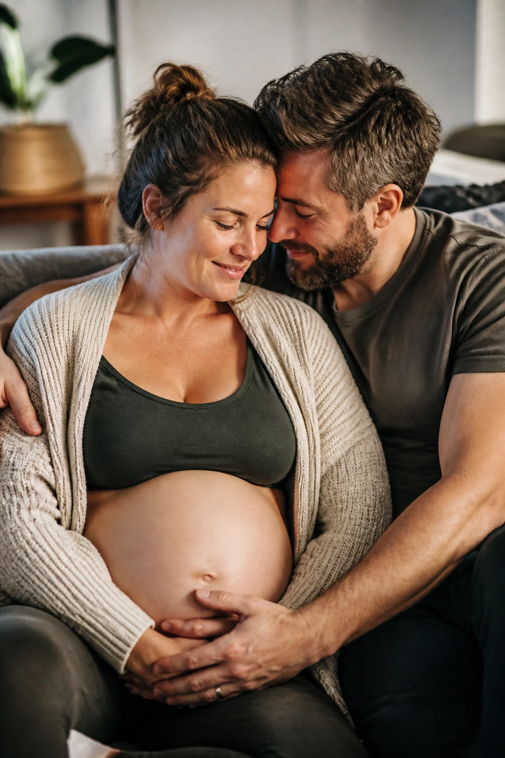 Pregnant woman and partner sharing an intimate hug on a sofa