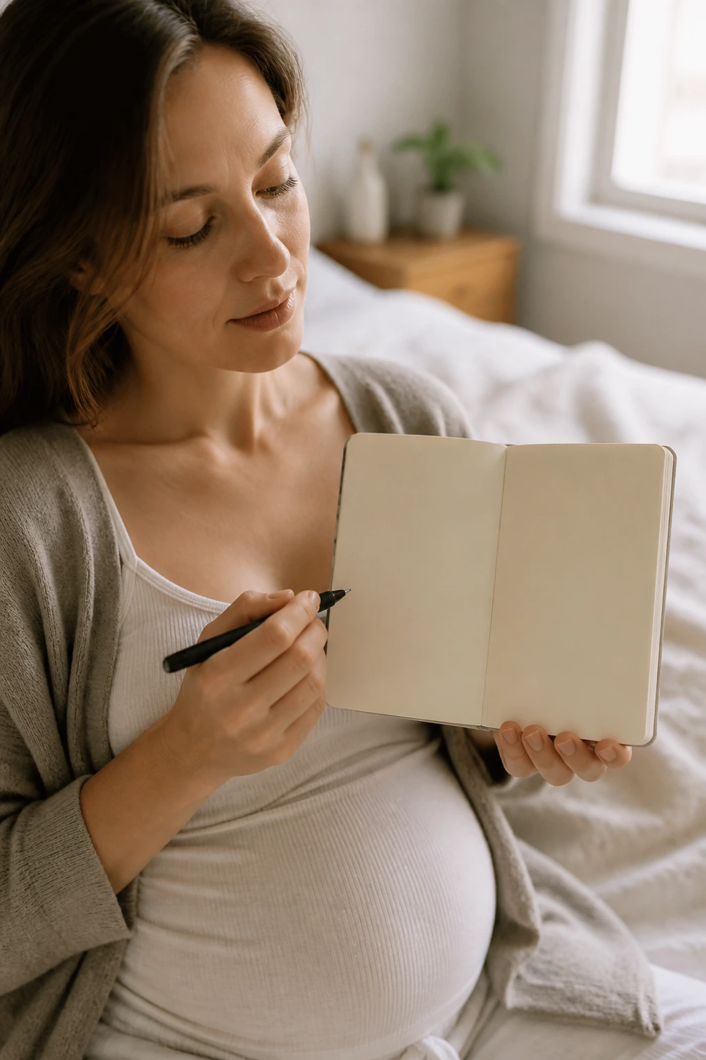 Portrait of a person with a blank notebook for symptoms