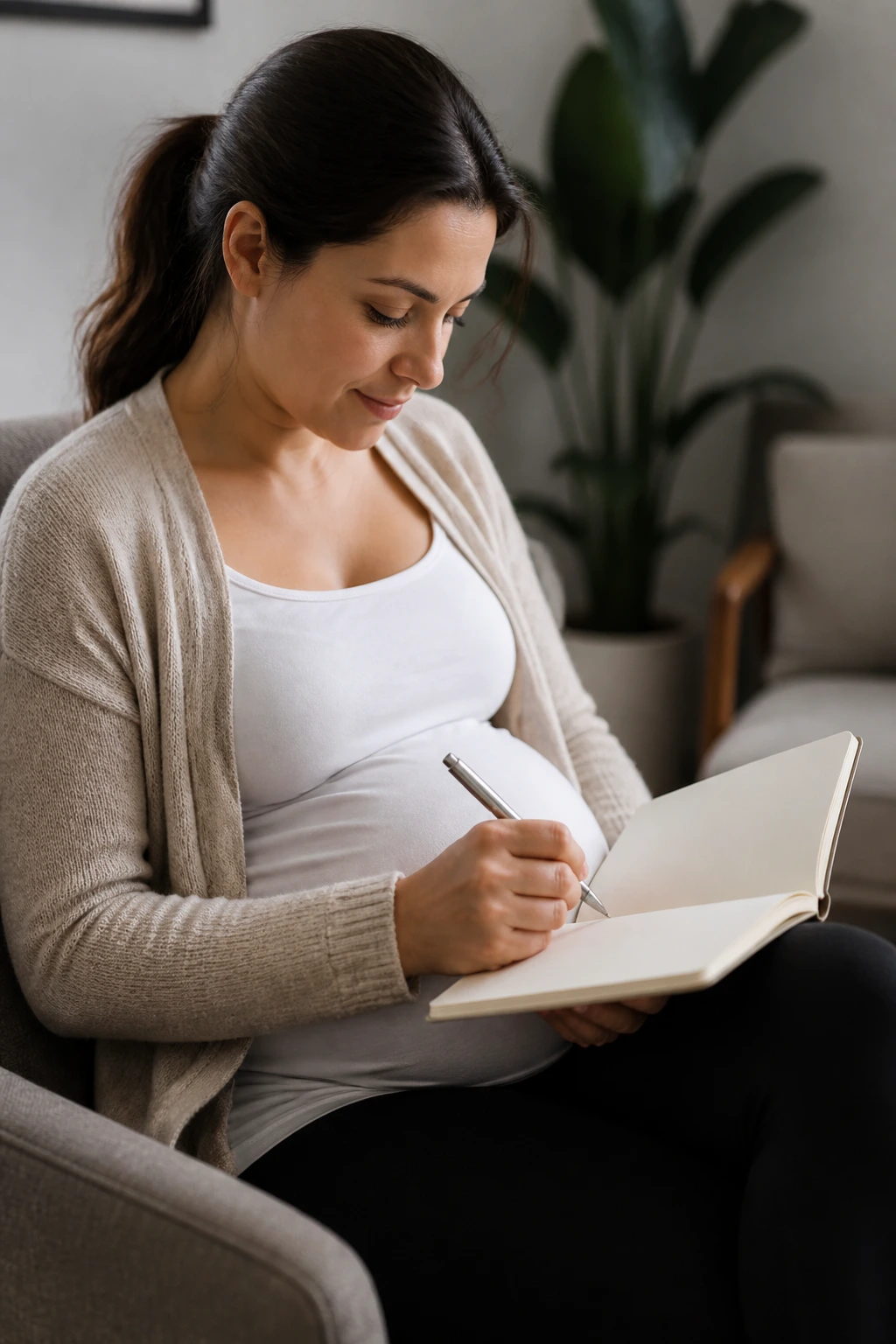 Pregnant woman with a blank notebook ready to jot questions for prenatal visits.