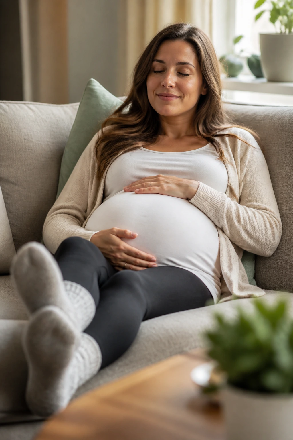 Pregnant woman resting with feet up in a cozy living room