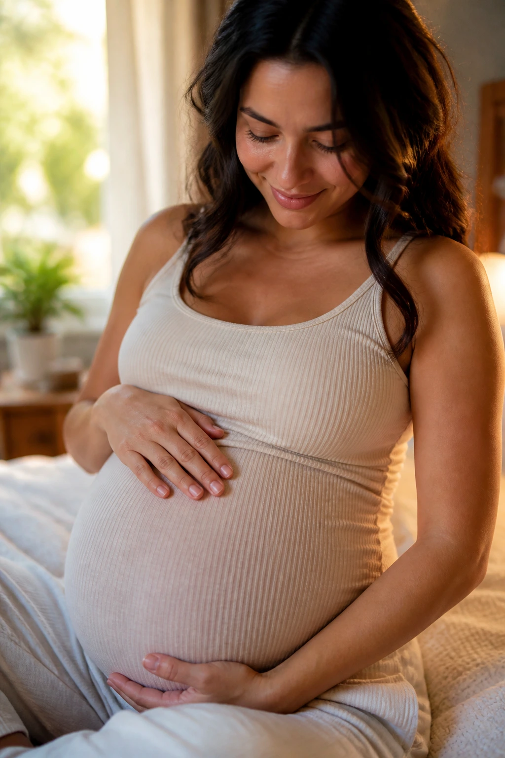 Pregnant woman listening to her body's signals with hand on belly in a cozy room