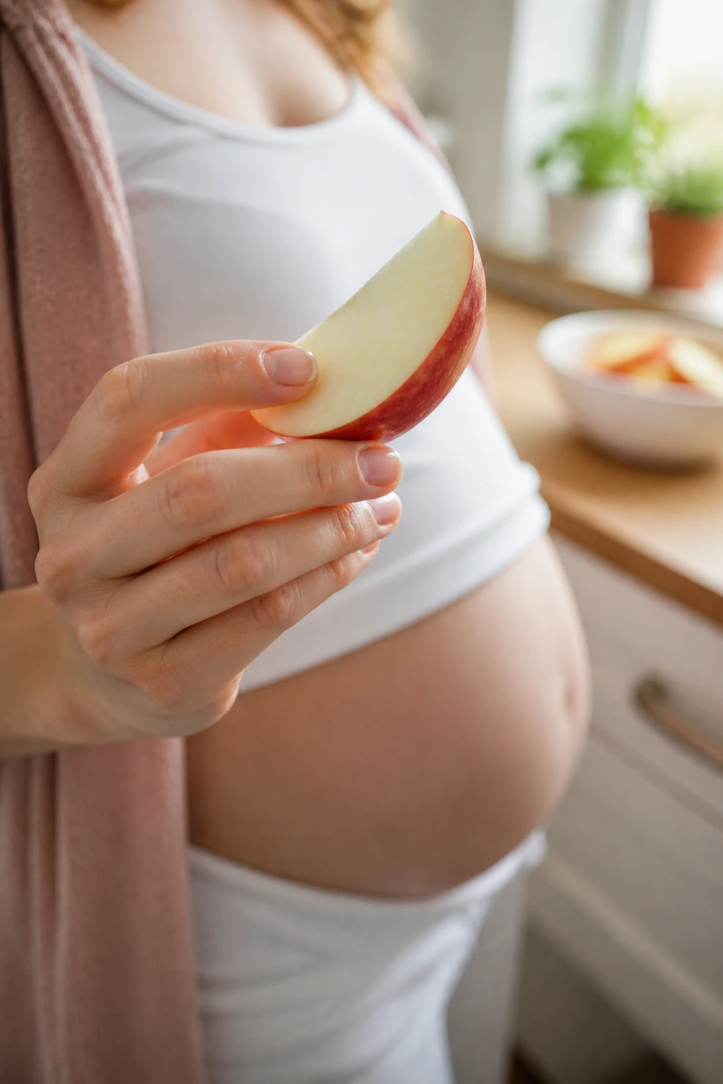 Pregnant hand holding an apple slice in bright kitchen