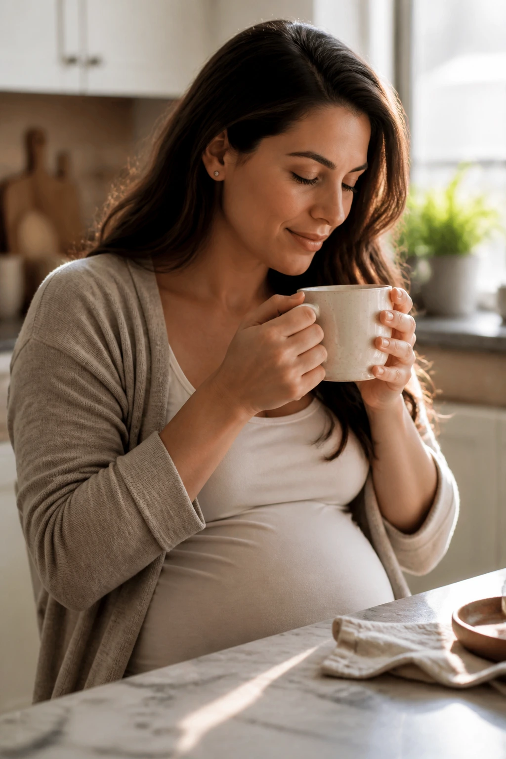 Pregnant woman sipping tea and breathing calmly in kitchen