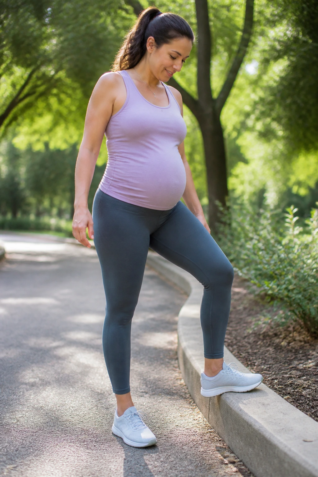 Pregnant woman walking in park performing mobility loop