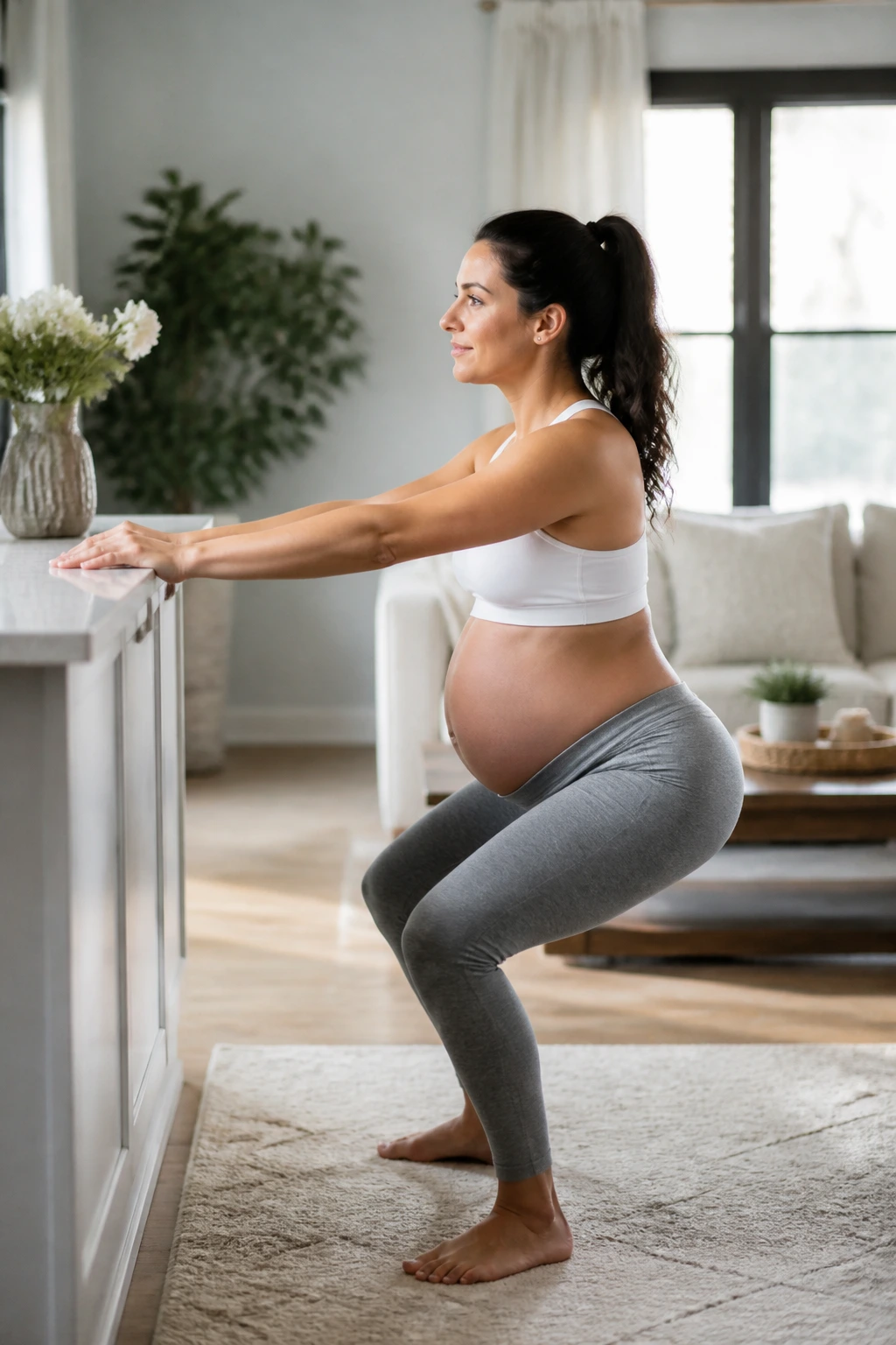 Pregnant woman doing a safe home workout with a countertop support.