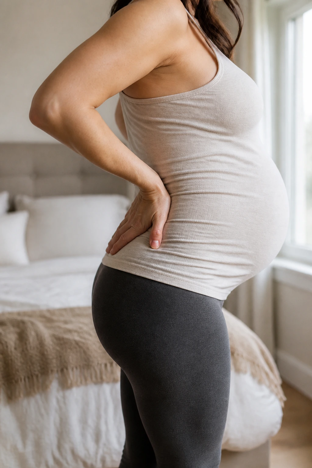 Profile of pregnant woman's back and belly showing spinal curvature