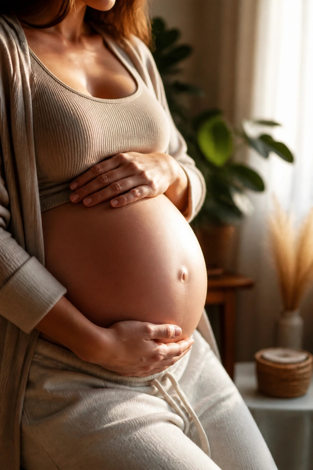 Close-up of a pregnant woman cradling her belly in warm light to symbolize hormonal changes affecting blood sugar