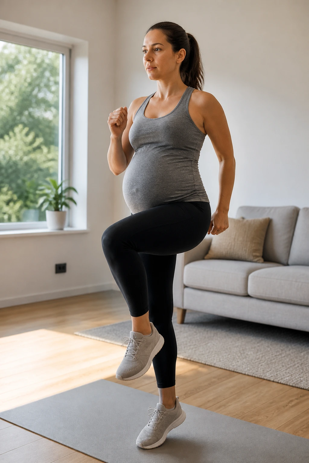 Pregnant woman marching in place during a home circuit workout