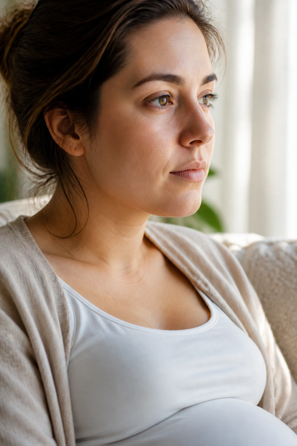 Portrait of pregnant woman with thoughtful expression to convey higher cortisol during pregnancy