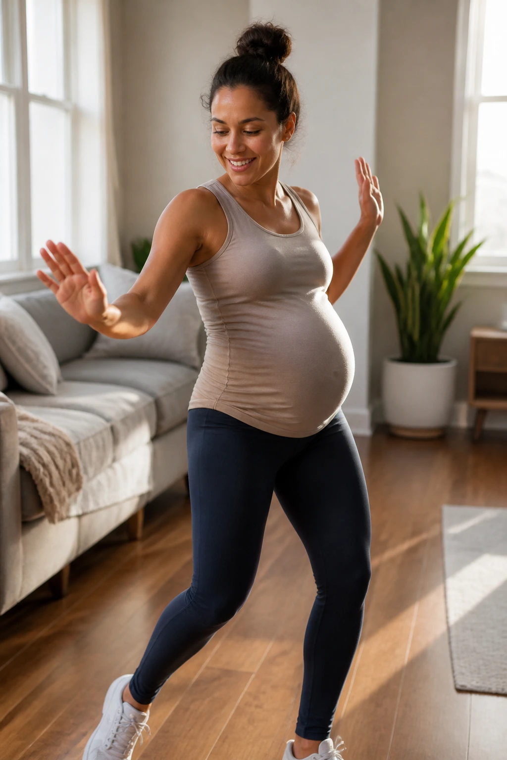 Pregnant woman dancing in a living room with low-impact cardio steps