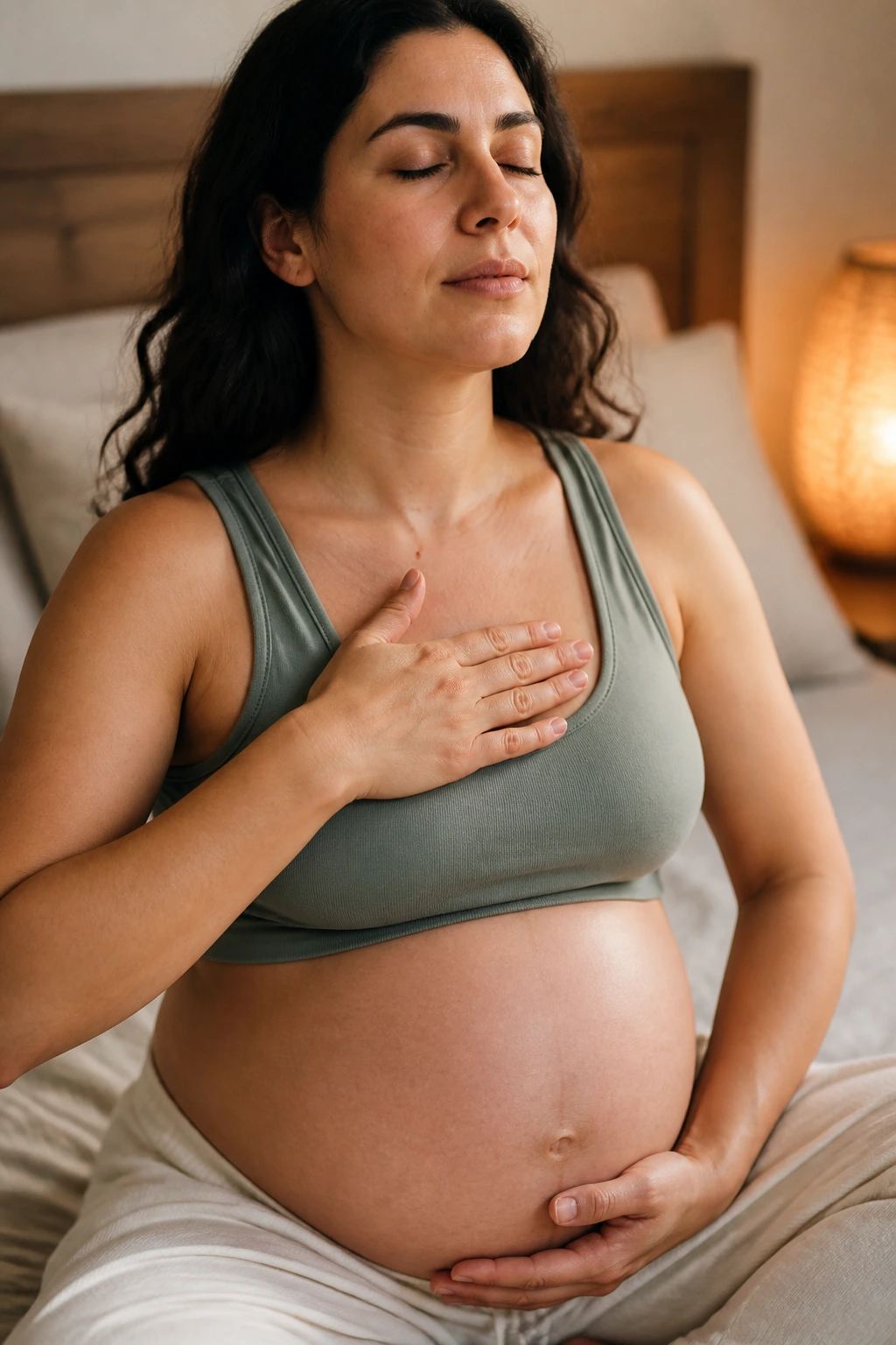 Pregnant person practicing diaphragmatic breathing with hands on ribs and belly