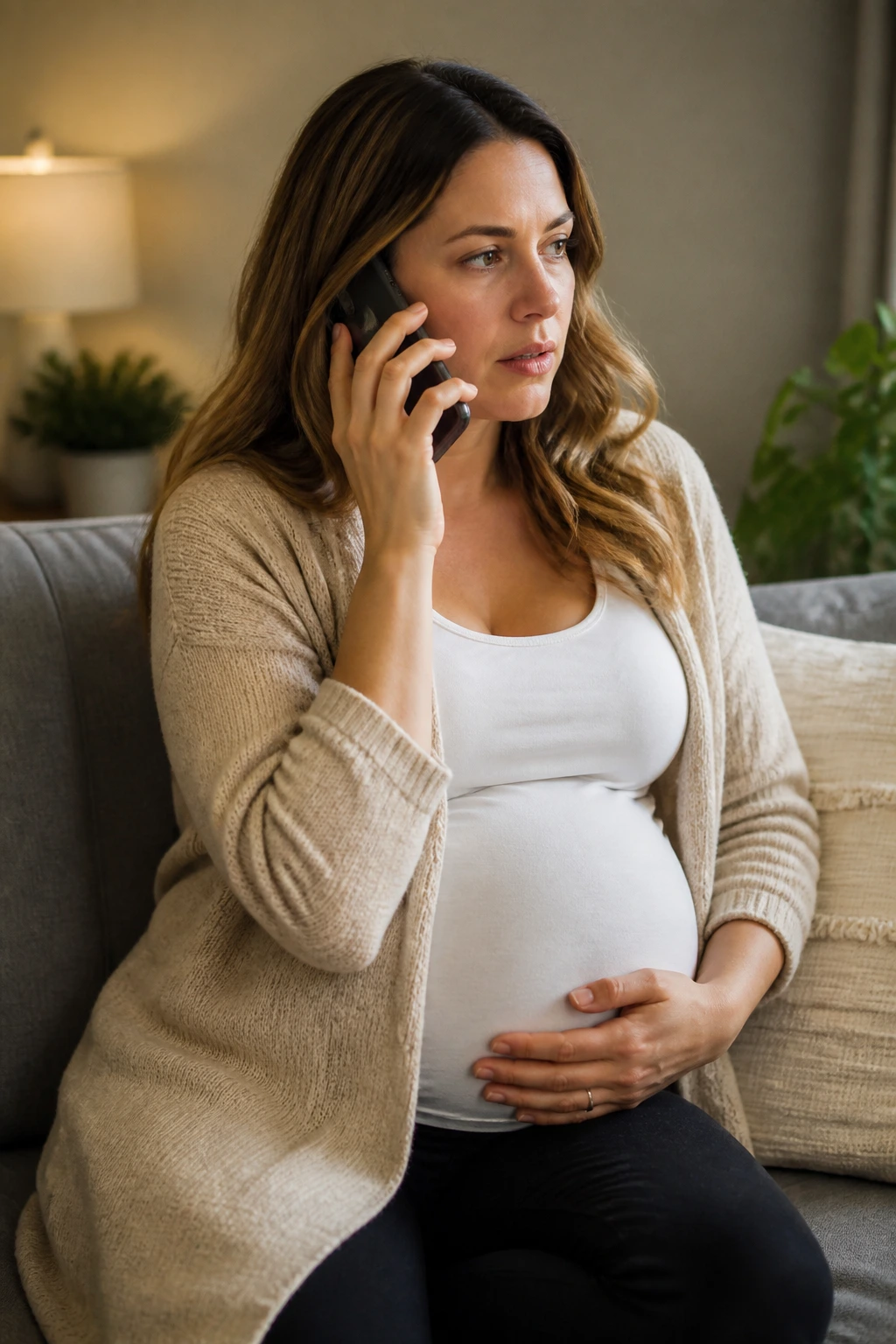 Pregnant woman on the phone considering medical guidance