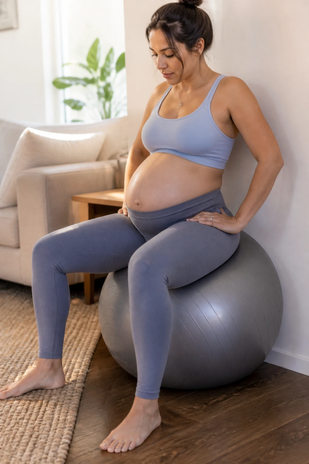 Pregnant person doing tiny pelvic circles on a fitball in a bright home room