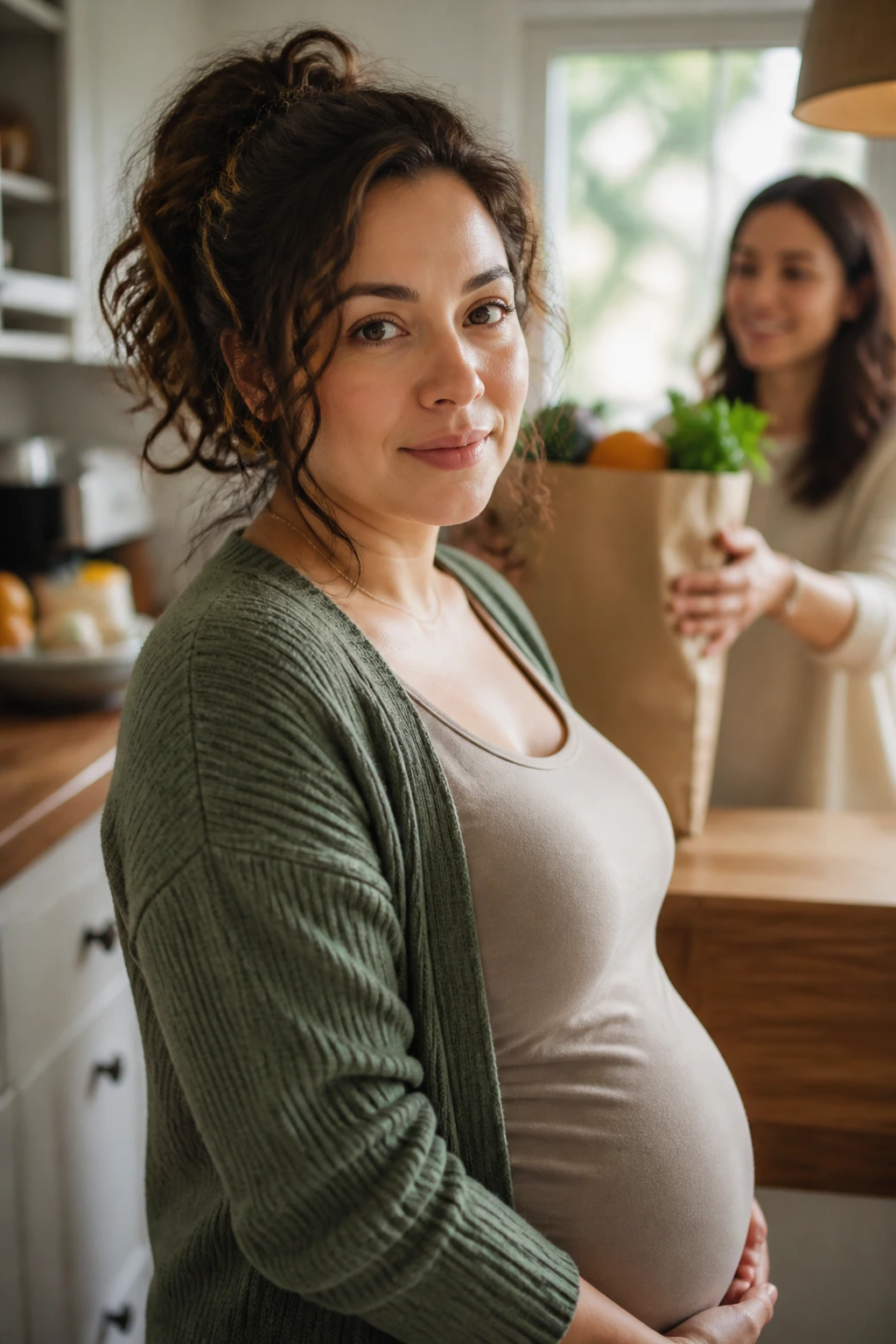 Pregnant woman accepting help from a friend in a cozy kitchen