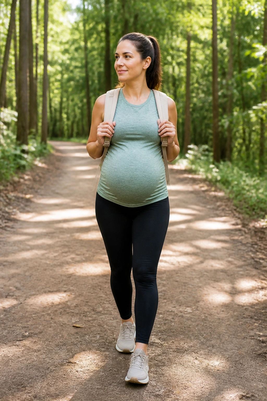 Pregnant woman hiking on flat forest trail in athletic wear