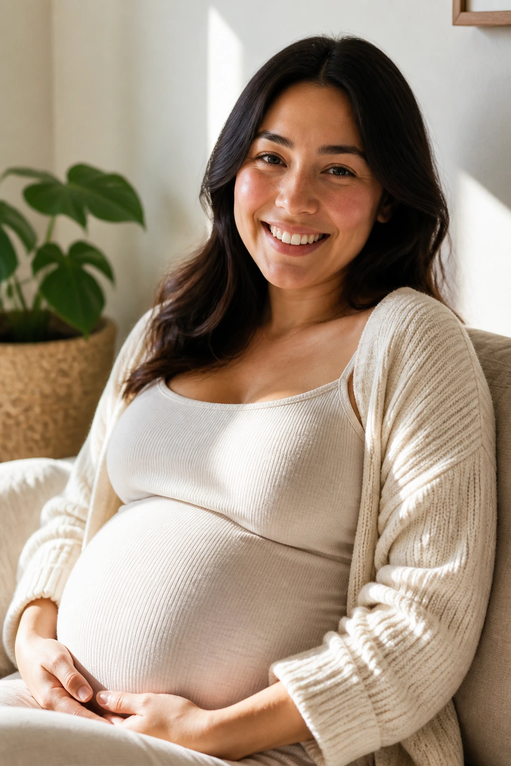 Smiling pregnant woman enjoying a joyful moment at home