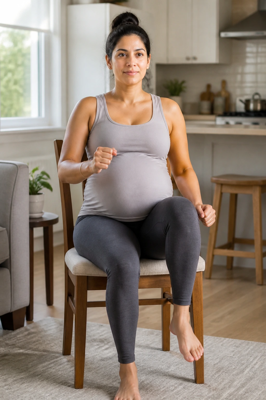 Pregnant woman seated and marching on a chair for gentle cardio