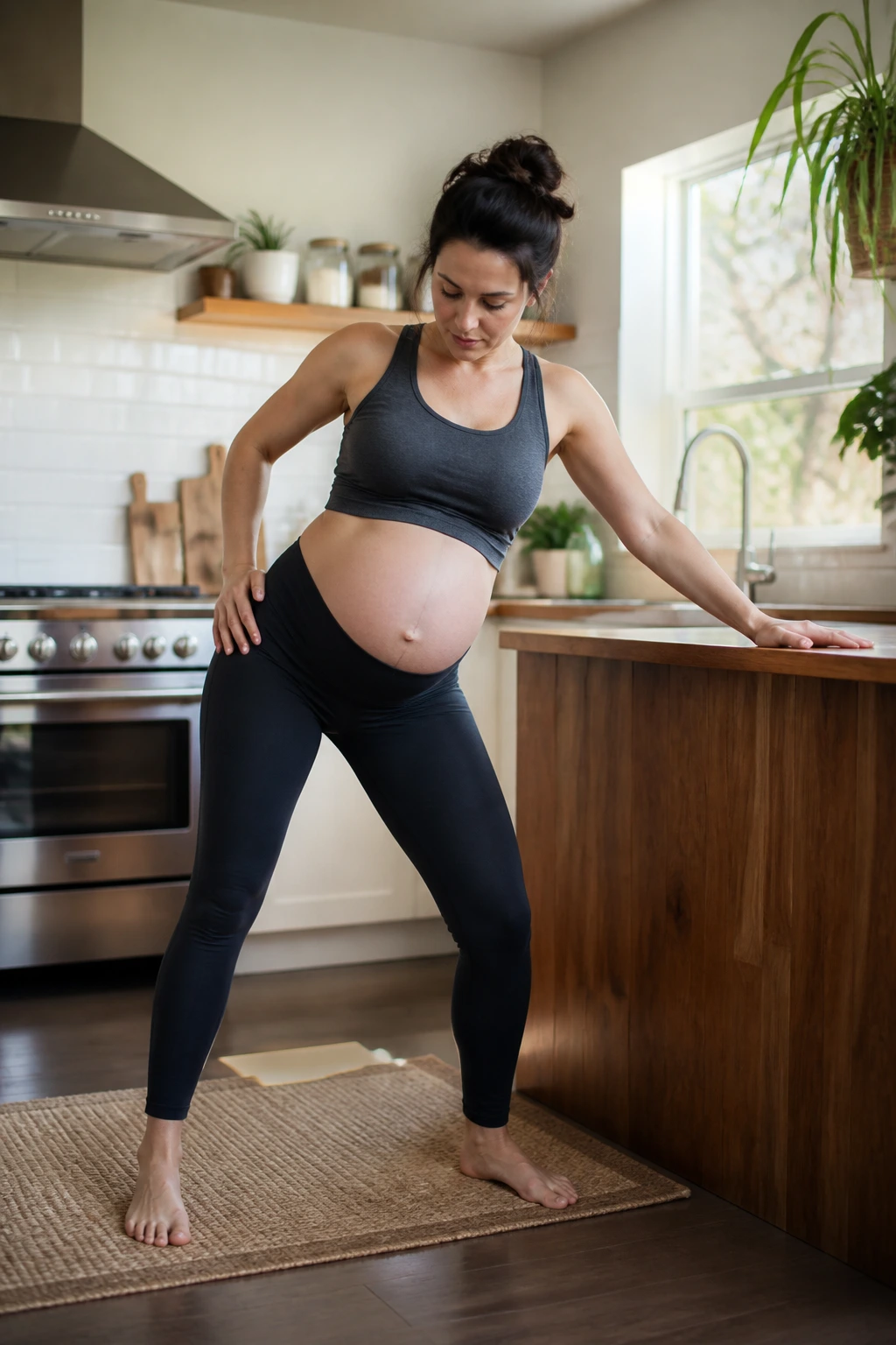 Pregnant woman performing standing hip circles at a kitchen counter
